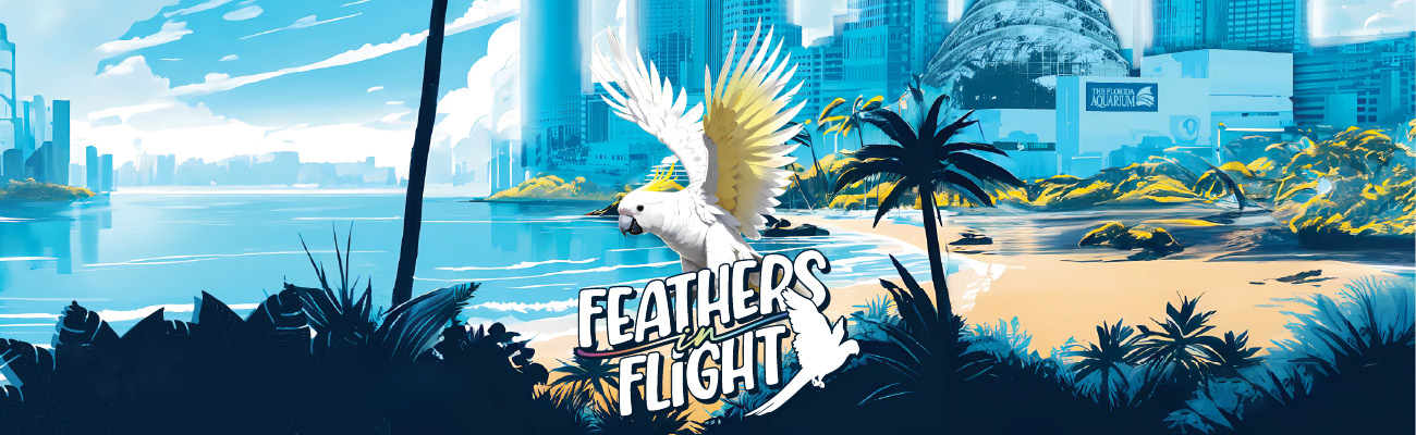 illustration of downtown with white and yellow cockatoo, text reads Feathers in Flight
