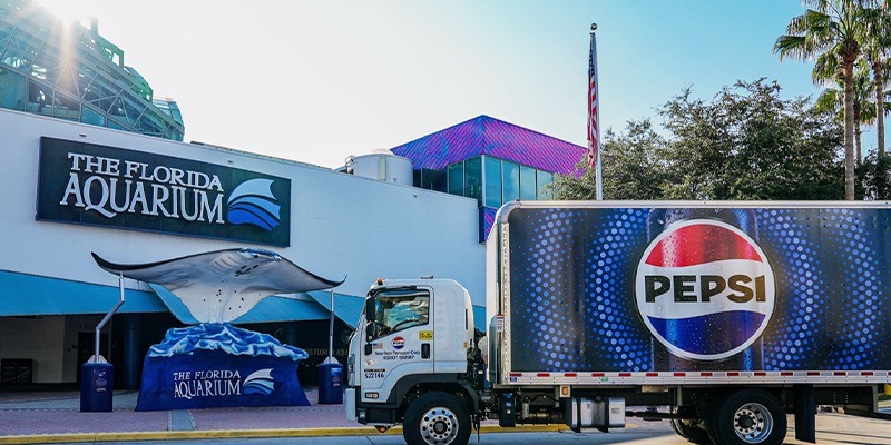 Pepsi Truck in front of The Florida Aquarium entrance with the manta ray statue