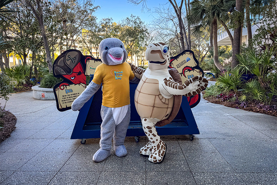 Costumed characters Tango the loggerhead seaturtle from The Florida Aquarium and Skipper the Dolphin from the City of Tampa standing in front the the Aquarium's Gasparilla bead collection container