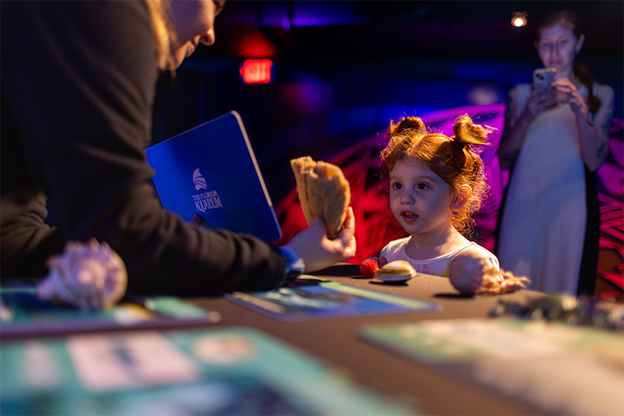 young girl interacting with female staff member at The Florida Aquarium tabling activity